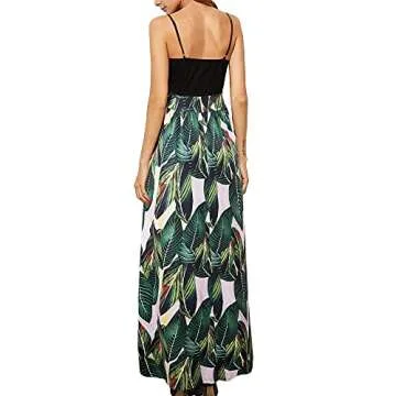 Newshows Dresses for Women 2025 Beach Cover ups Spaghetti Strap Casual Laua Party Tropical Outfits Cocktail Long Formal Flowy Sundresses Trendy (Black Floral Leaf, M)