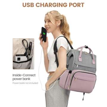 LOVEVOOK Laptop Backpack for Women Fashion Business Computer Backpacks Travel Bags Purse Doctor Nurse Work Backpack with USB Port, Fits 17-Inch Laptop Grey-Light Purple