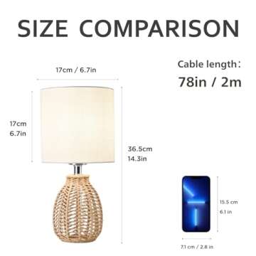 KUNJOULAM Rattan Table Lamp, Small Nightstand Lamp with Linen Fabric Lampshade, Desk Lamp Bedside Lamp for Living Room Home Office