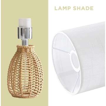 KUNJOULAM Rattan Table Lamp, Small Nightstand Lamp with Linen Fabric Lampshade, Desk Lamp Bedside Lamp for Living Room Home Office