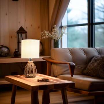 KUNJOULAM Rattan Table Lamp, Small Nightstand Lamp with Linen Fabric Lampshade, Desk Lamp Bedside Lamp for Living Room Home Office