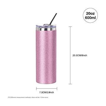 PYD Life Sublimation Blank Glitter Skinny Tumbler Pink 20 OZ Straight Stainless Steel Coffee Cups wi...