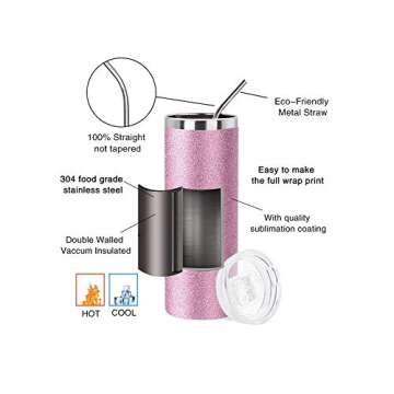PYD Life Sublimation Blank Glitter Skinny Tumbler Pink 20 OZ Straight Stainless Steel Coffee Cups with Lid and Metal Straw for Tumbler Heat Press Sublimation Oven Printing 4 Pack