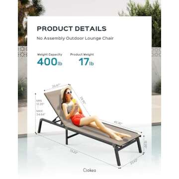 Aluminum Chaise Lounge Ourdoor - Foldable & Assemble Free Outdoor Lounge Chair with 5 Adjustable Bac...