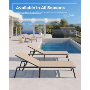 Aluminum Chaise Lounge Ourdoor - Foldable & Assemble Free Outdoor Lounge Chair with 5 Adjustable Backrest, Patio Lounge Chair for Outside Poolside Beach Pool, Khaki