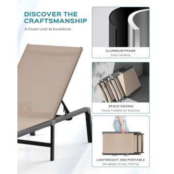 Aluminum Chaise Lounge Ourdoor - Foldable & Assemble Free Outdoor Lounge Chair with 5 Adjustable Backrest, Patio Lounge Chair for Outside Poolside Beach Pool, Khaki