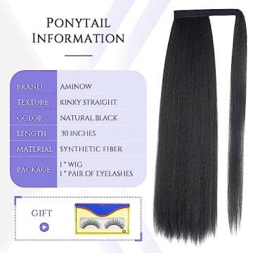 30 Inch Kinky Straight Ponytail Extension, Soft & Natural as Human Hair, Wrap Around Ponytail Extension for Black Women, Long Italian Yaki Synthetic Hair Extension, Natural Black(1B)