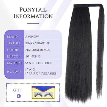 30 Inch Kinky Straight Ponytail Extension, Soft & Natural as Human Hair, Wrap Around Ponytail Extension for Black Women, Long Italian Yaki Synthetic Hair Extension, Natural Black(1B)