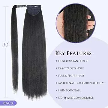 30 Inch Kinky Straight Ponytail Extension, Soft & Natural as Human Hair, Wrap Around Ponytail Extension for Black Women, Long Italian Yaki Synthetic Hair Extension, Natural Black(1B)