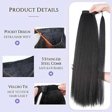 30 Inch Kinky Straight Ponytail Extension, Soft & Natural as Human Hair, Wrap Around Ponytail Extension for Black Women, Long Italian Yaki Synthetic Hair Extension, Natural Black(1B)