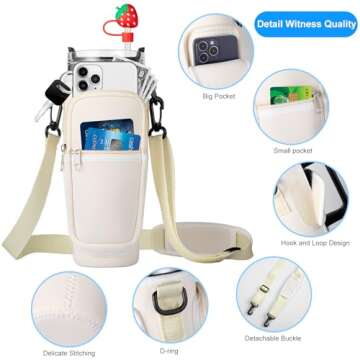 RRegeny Water Bottle Carrier Bag with Phone Pocket for Stanley 40oz Tumbler with Handle Neoprene Water Bottle Holder Pouch with Adjustable Strap Bollus with 2 traw Cover for Stanley Cup Accessories