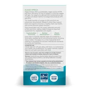 Nordic Naturals Algae Omega - 120 Soft Gels - 715 mg Omega-3 - Certified Vegan Algae Oil - Plant-Based EPA & DHA - Heart, Eye, Immune & Brain Health - Non-GMO - 60 Servings