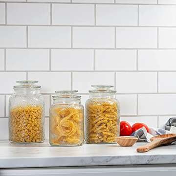 Le'raze Food Storage Containers with Airtight Lids - Retro Design - Pantry Organization, Glass Canisters Storage for Cookies, Tea, Sugar, Candy Jars, Sugar Packet, Set of 3