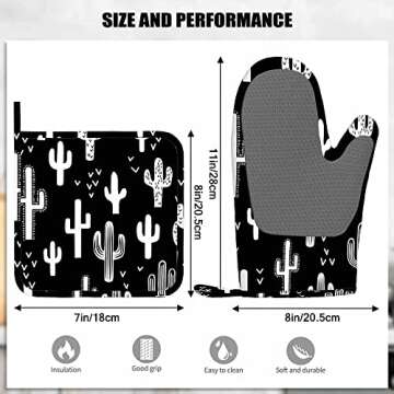 Mxocom Western Cactus Silicone Oven Mitts and Pot Holders Sets Fun Western Cactus Seamless Repeat Wallpaper Tile - Black & White Monochromatic BBQ Gloves for Kitchen,Cooking,Baking,Grilling