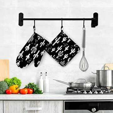 Mxocom Western Cactus Silicone Oven Mitts and Pot Holders Sets Fun Western Cactus Seamless Repeat Wallpaper Tile - Black & White Monochromatic BBQ Gloves for Kitchen,Cooking,Baking,Grilling