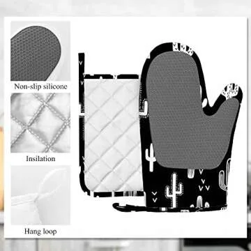 Mxocom Western Cactus Silicone Oven Mitts and Pot Holders Sets Fun Western Cactus Seamless Repeat Wallpaper Tile - Black & White Monochromatic BBQ Gloves for Kitchen,Cooking,Baking,Grilling