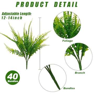 40 Pcs Artificial Boston Fake Fern Plants Bushes Faux Plants Shrubs Greenery UV Resistant for House ...