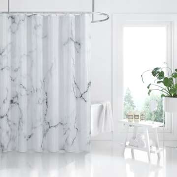 BLESFOREVER Grey White Marble Shower Curtain Set with 12 Hooks, Abstract Modern Luxury Gray White Ma...