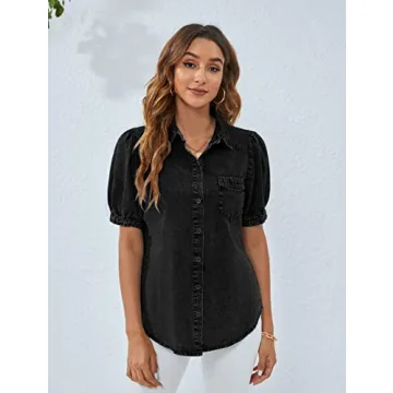 BMJL Women's Denim Shirt Business Casual Puff Sleeve Top
