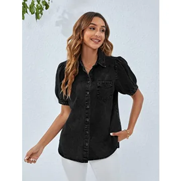 BMJL Women's Denim Shirt Business Casual Puff Sleeve Top