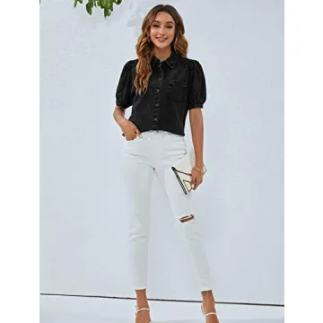 BMJL Women's Denim Shirt Business Casual Puff Sleeve Top