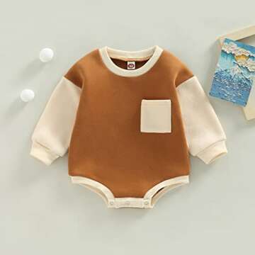 Baby Boy Girl Sweatshirt Romper Long Sleeve Crewneck Sweater Bodysuit Pullover Top Oversized Fall Winter Outfit (Brown Pocket, 0-3 Months)