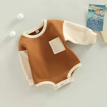Baby Boy Girl Sweatshirt Romper Long Sleeve Crewneck Sweater Bodysuit Pullover Top Oversized Fall Winter Outfit (Brown Pocket, 0-3 Months)