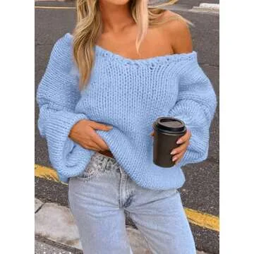 PRETTYGARDEN Womens Fall Sweaters Chunky Loose Long Sleeve V Neck Oversized Dressy Casual Knit Pullover Tops (Light Blue,X-Large)
