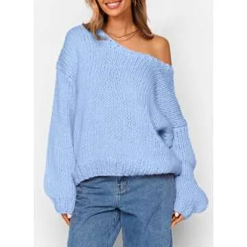 PRETTYGARDEN Womens Fall Sweaters Chunky Loose Long Sleeve V Neck Oversized Dressy Casual Knit Pullover Tops (Light Blue,X-Large)