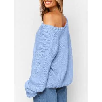 PRETTYGARDEN Womens Fall Sweaters Chunky Loose Long Sleeve V Neck Oversized Dressy Casual Knit Pullover Tops (Light Blue,X-Large)