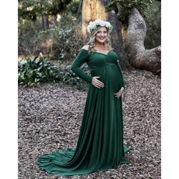 Saslax Pregnancy Dresses for Photography, Maternity Off Shoulders Long Sleeve Half Circle Gown for Baby Shower Photo Props Dress Green 131 Medium