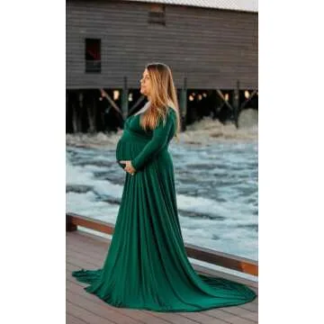 Saslax Pregnancy Dresses for Photography, Maternity Off Shoulders Long Sleeve Half Circle Gown for Baby Shower Photo Props Dress Green 131 Medium