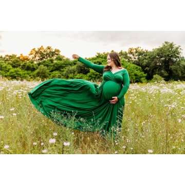 Saslax Pregnancy Dresses for Photography, Maternity Off Shoulders Long Sleeve Half Circle Gown for Baby Shower Photo Props Dress Green 131 Medium