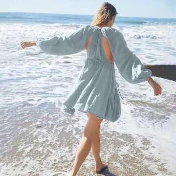 Shiyifa Women's Summer Mini Dress Casual Square Neck Long Sleeves Loose Sundress with Pockets(Light-Purple,L), Large