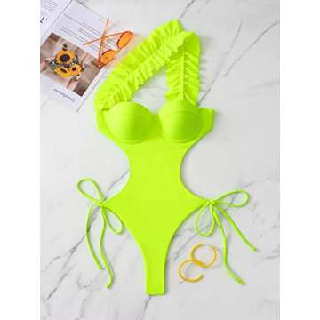 WDIRARA Women's Ruffle Trim Tie Side One Shoulder Backless One Piece Swimsuit Lime Green M