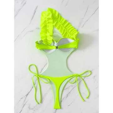 WDIRARA Women's Ruffle Trim Tie Side One Shoulder Backless One Piece Swimsuit Lime Green M