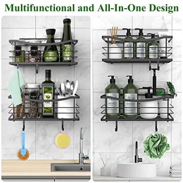 ODesign Large Shower Caddy with Removable 4 Hooks Adhesive Shower Shelf Basket No Drilling Rustproof SUS304 Kitchen Spice Racks Bathroom Storage Organizer - 2 Pack (Black)