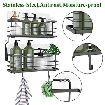 ODesign Large Shower Caddy with Removable 4 Hooks Adhesive Shower Shelf Basket No Drilling Rustproof SUS304 Kitchen Spice Racks Bathroom Storage Organizer - 2 Pack (Black)