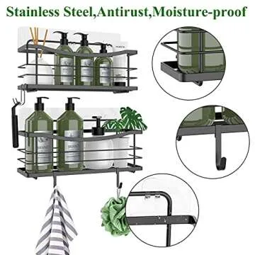ODesign Large Shower Caddy with Removable 4 Hooks Adhesive Shower Shelf Basket No Drilling Rustproof SUS304 Kitchen Spice Racks Bathroom Storage Organizer - 2 Pack (Black)