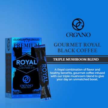 ORGANO Royal Black Medium Dark Roast Instant Coffee with Triple Mushroom Blend – 25 Sachets