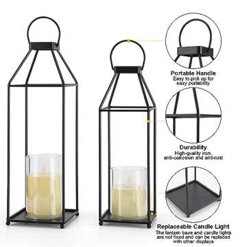 Lanterns Decorative Outdoor 2PCS Living Room Decor Lantern Black Metal Lantern Front Porch Decor Lanterns Decor Indoor with LED Candle Lanterns Decor No Glass for Indoor Outdoor (Small&Large, 2Pcs)