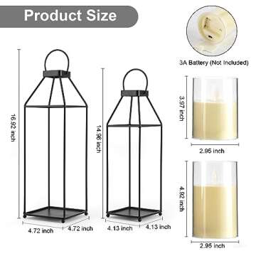 Lanterns Decorative Outdoor 2PCS Living Room Decor Lantern Black Metal Lantern Front Porch Decor Lanterns Decor Indoor with LED Candle Lanterns Decor No Glass for Indoor Outdoor (Small&Large, 2Pcs)
