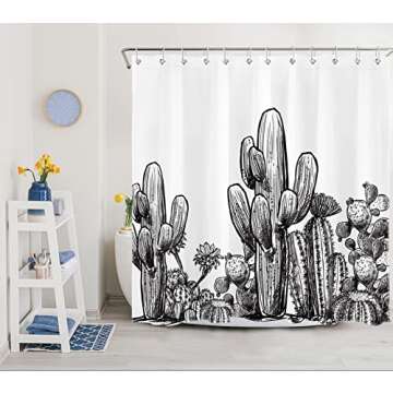LB Black and White Shower Curtain Tropical Cactus Vintage Plant Shower Curtains for Bathroom Desert Prickly Succulent Saguaro Shower Curtain Set with Hooks,72x 72 Inch Waterproof Fabric