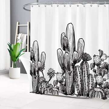 LB Black and White Shower Curtain Tropical Cactus Vintage Plant Shower Curtains for Bathroom Desert Prickly Succulent Saguaro Shower Curtain Set with Hooks,72x 72 Inch Waterproof Fabric