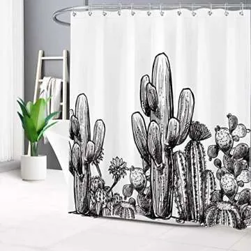 LB Black and White Shower Curtain Tropical Cactus Vintage Plant Shower Curtains for Bathroom Desert Prickly Succulent Saguaro Shower Curtain Set with Hooks,72x 72 Inch Waterproof Fabric