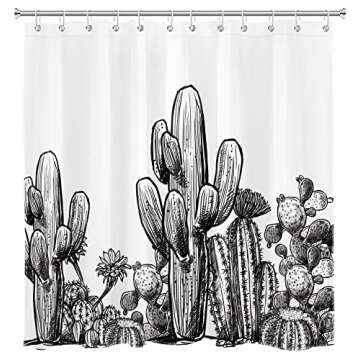 LB Black and White Shower Curtain Tropical Cactus Vintage Plant Shower Curtains for Bathroom Desert Prickly Succulent Saguaro Shower Curtain Set with Hooks,72x 72 Inch Waterproof Fabric