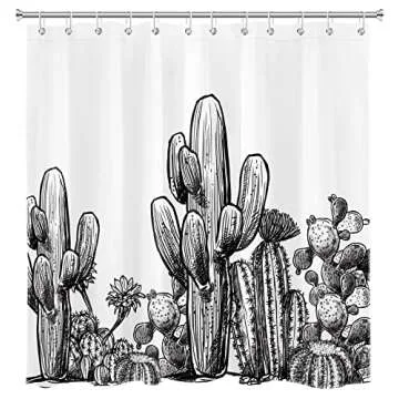 LB Black and White Shower Curtain Tropical Cactus Vintage Plant Shower Curtains for Bathroom Desert Prickly Succulent Saguaro Shower Curtain Set with Hooks,72x 72 Inch Waterproof Fabric