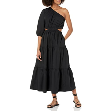The Drop Women's April One Shoulder Cut-Out Tiered Midi Dress, Black, M