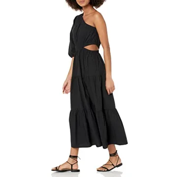 The Drop Women's April One Shoulder Cut-Out Tiered Midi Dress, Black, M