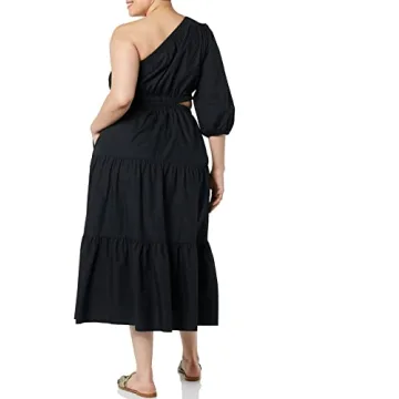 The Drop Women's April One Shoulder Cut-Out Tiered Midi Dress, Black, M